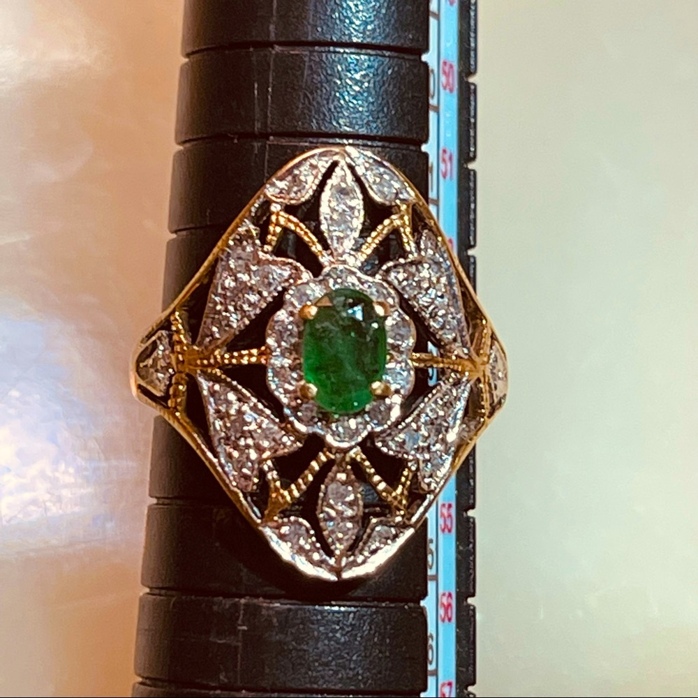 🍀Beautiful Emerald & Diamond 925 Silver/10k Gold TwoTone Filigree Ring!